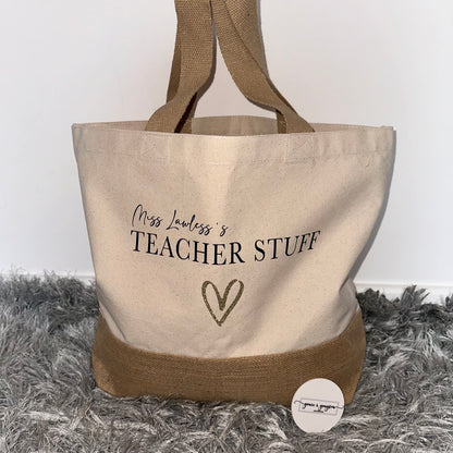 Glitter Heart Teacher Stuff Jute Bag