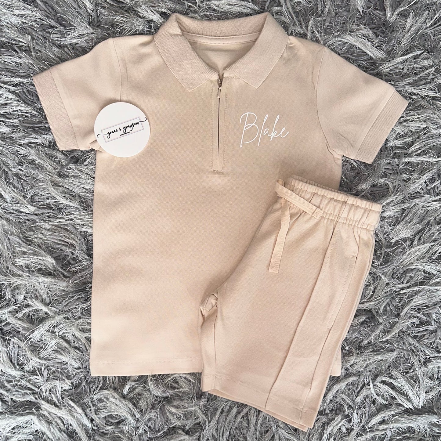 Nude Zip Neck Polo Shirt & Short Set