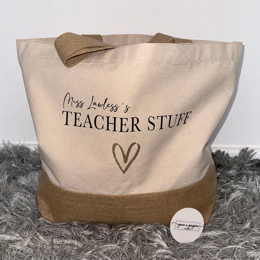 Glitter Heart Teacher Stuff Jute Bag