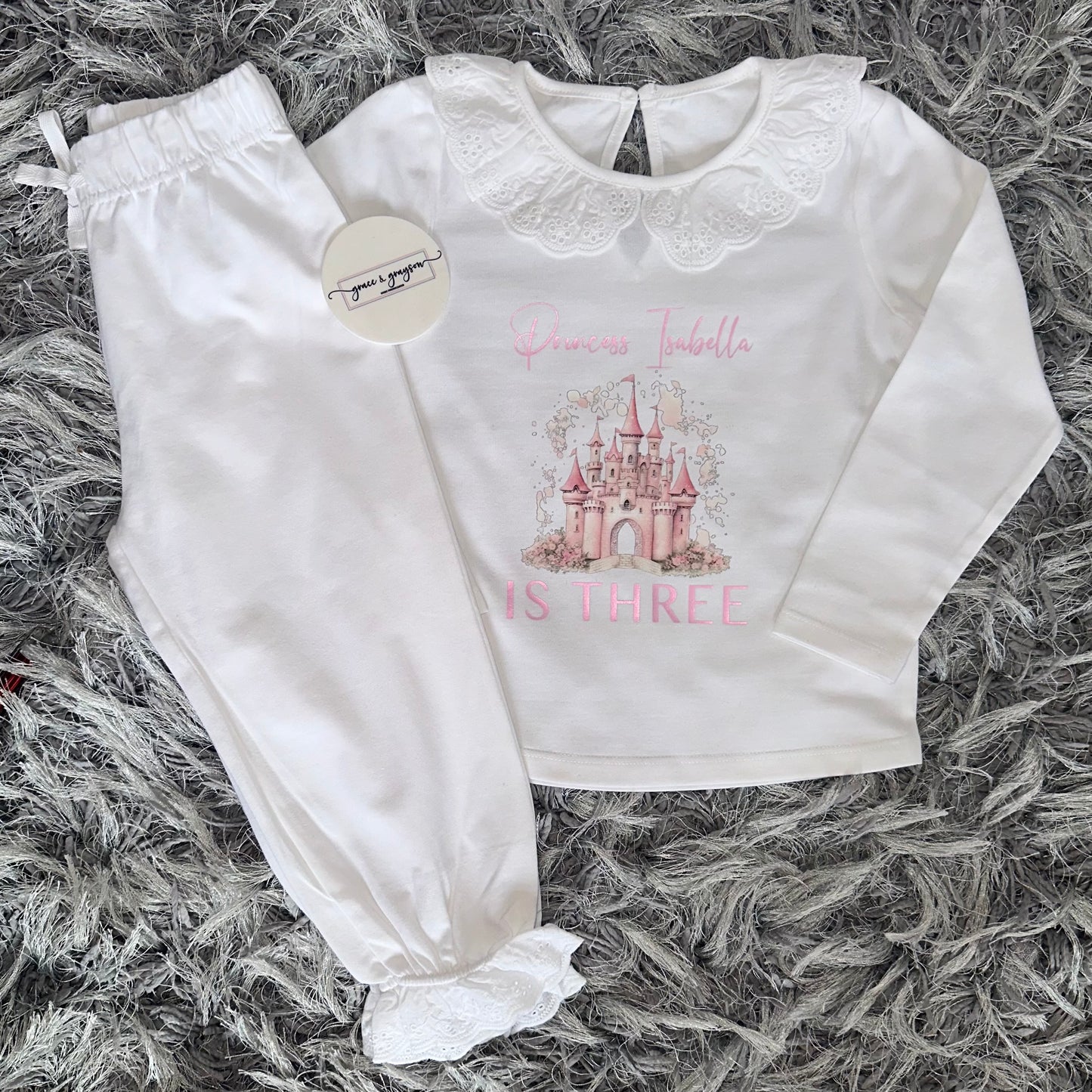 Personalised Birthday Princess Castle Broderie Frill Pyjamas