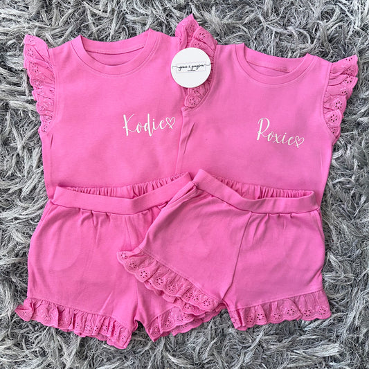 Personalised Pink Broderie Frill Shorts & T-Shirt Set