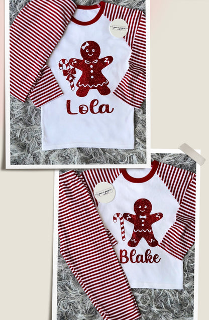 Personalised Candy Cane Gingerbread man Red Stripe Christmas Pyjamas