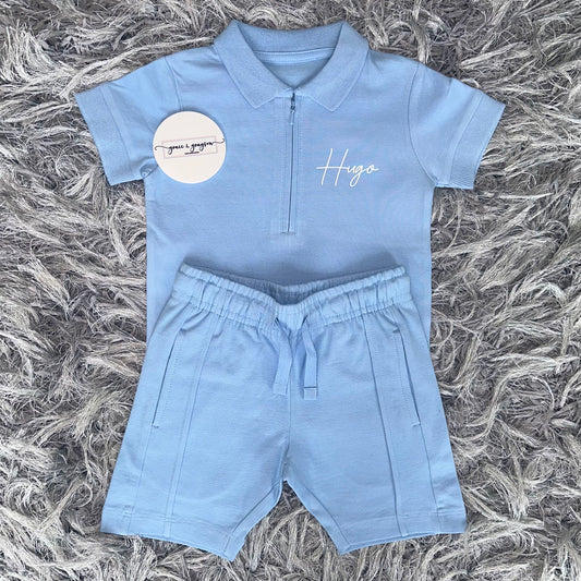 Baby Blue Zip Neck Polo Shirt & Short Set