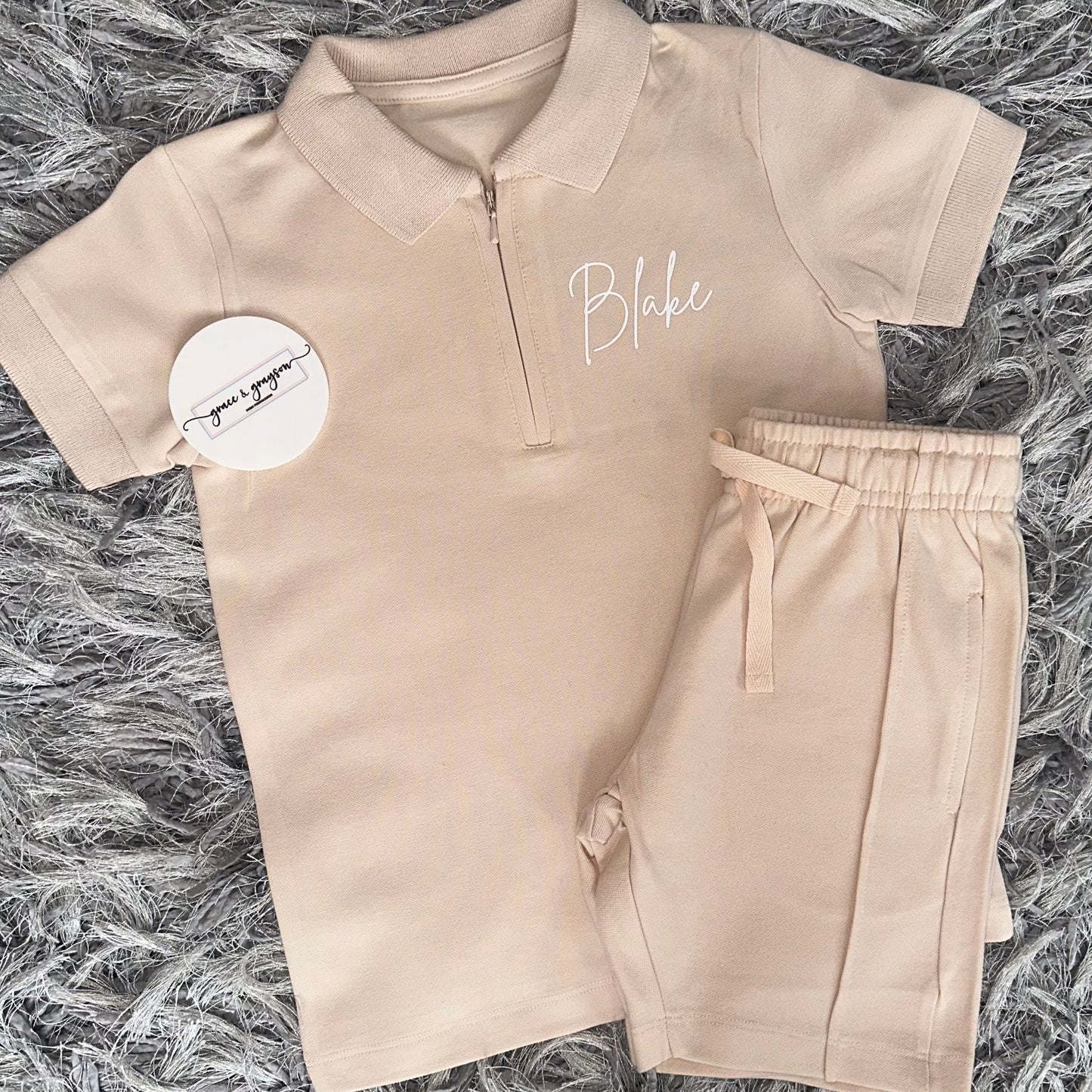 Nude Zip Neck Polo Shirt & Short Set