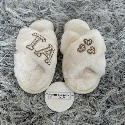 Personalised Pearl Initial & Heart Faux Fur Slippers