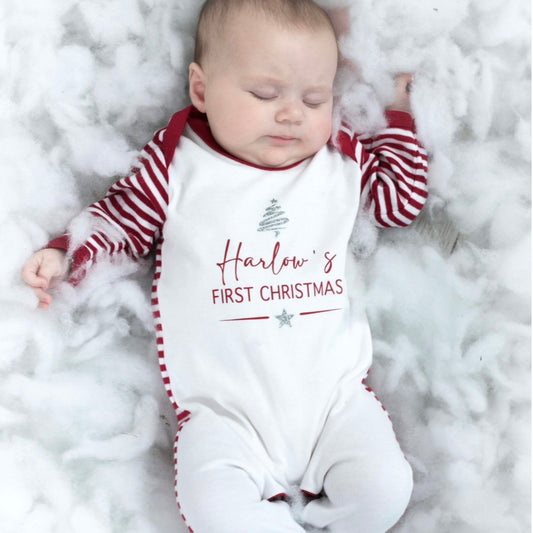 Personalised First Christmas Red & White Stripe Baby Grow