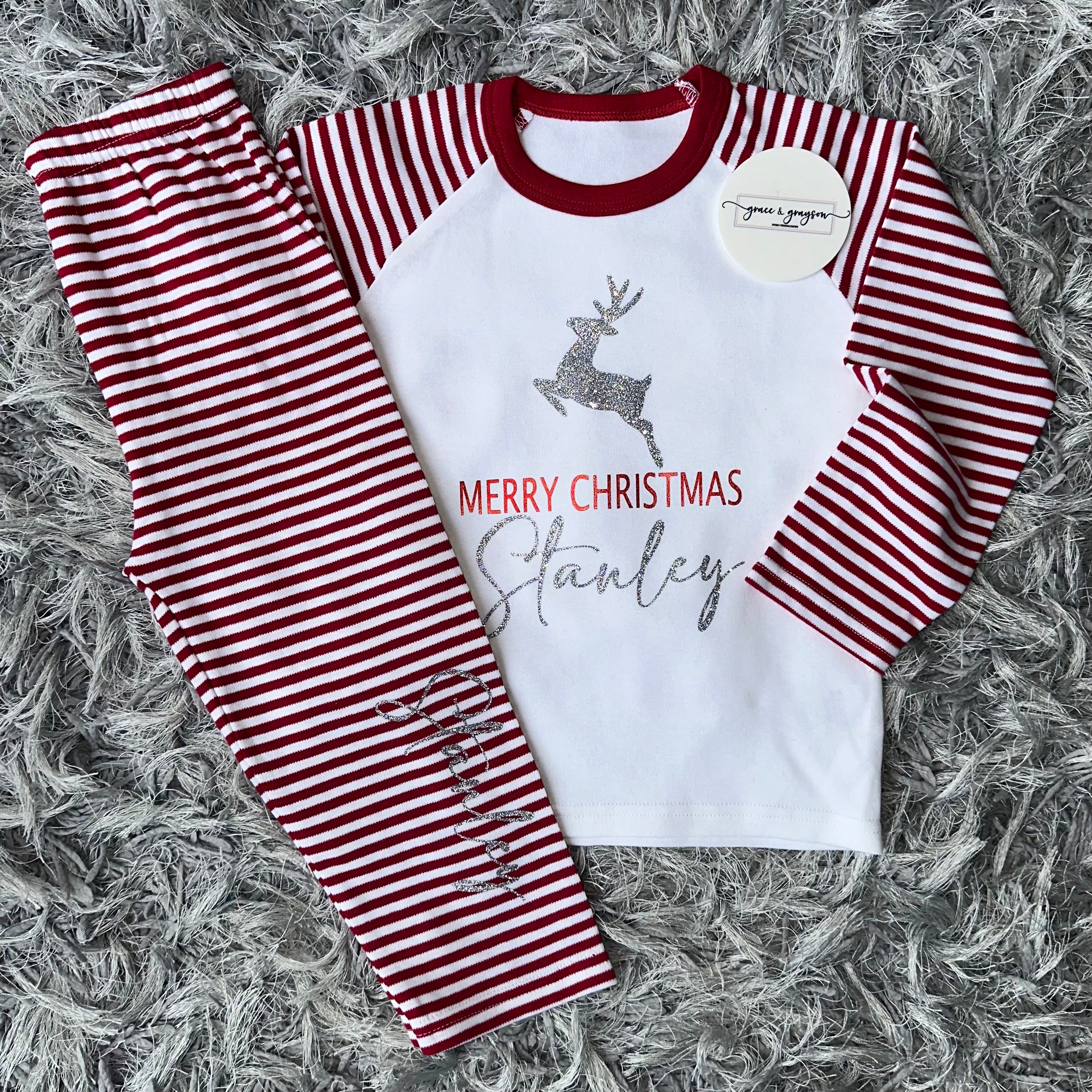 Personalised Merry Christmas Red Stripe Pyjamas Pyjamas