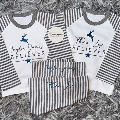 Personalised Believes Grey Stripe Christmas Pyjamas