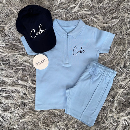 Baby Blue Zip Neck Polo Shirt & Short Set