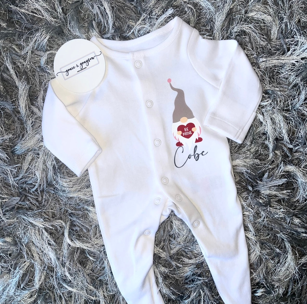 Personalised Be Mine Valentine Gnome Baby Grow