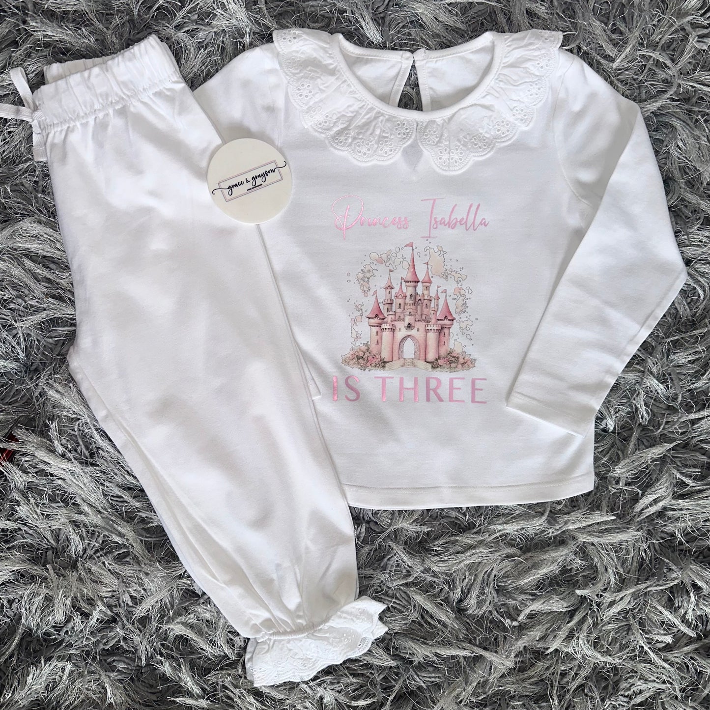 Personalised Birthday Princess Castle Broderie Frill Pyjamas