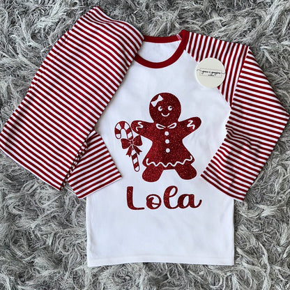 Personalised Candy Cane Gingerbread man Red Stripe Christmas Pyjamas