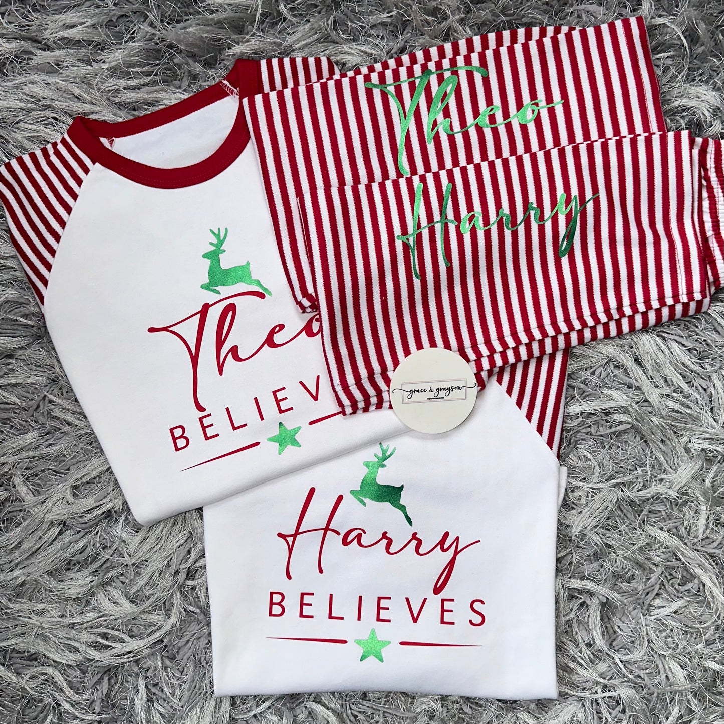 Personalised Believes Red Stripe Christmas Pyjamas