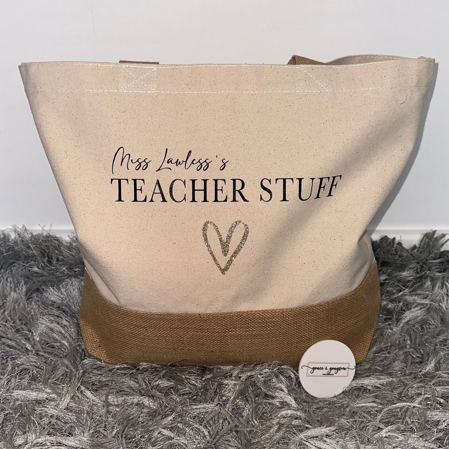 Glitter Heart Teacher Stuff Jute Bag