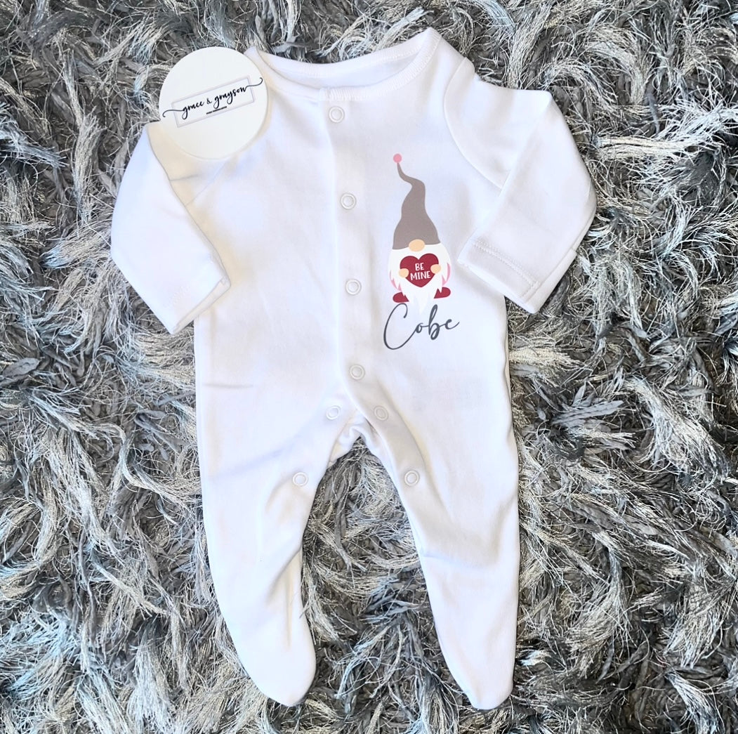 Personalised Be Mine Valentine Gnome Baby Grow