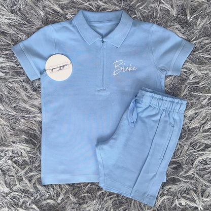 Baby Blue Zip Neck Polo Shirt & Short Set