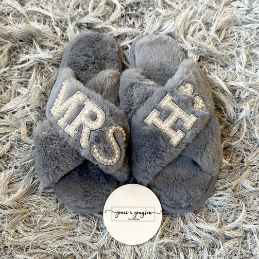 Personalised Pearl Mrs Faux Fur Slippers