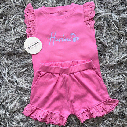 Personalised Cherry Broderie Frill Shorts & T-Shirt Set