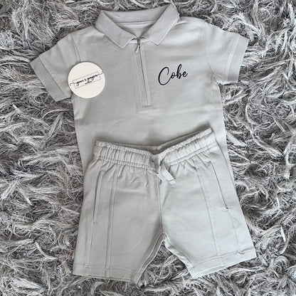 Pebble Grey Zip Neck Polo Shirt & Short Set