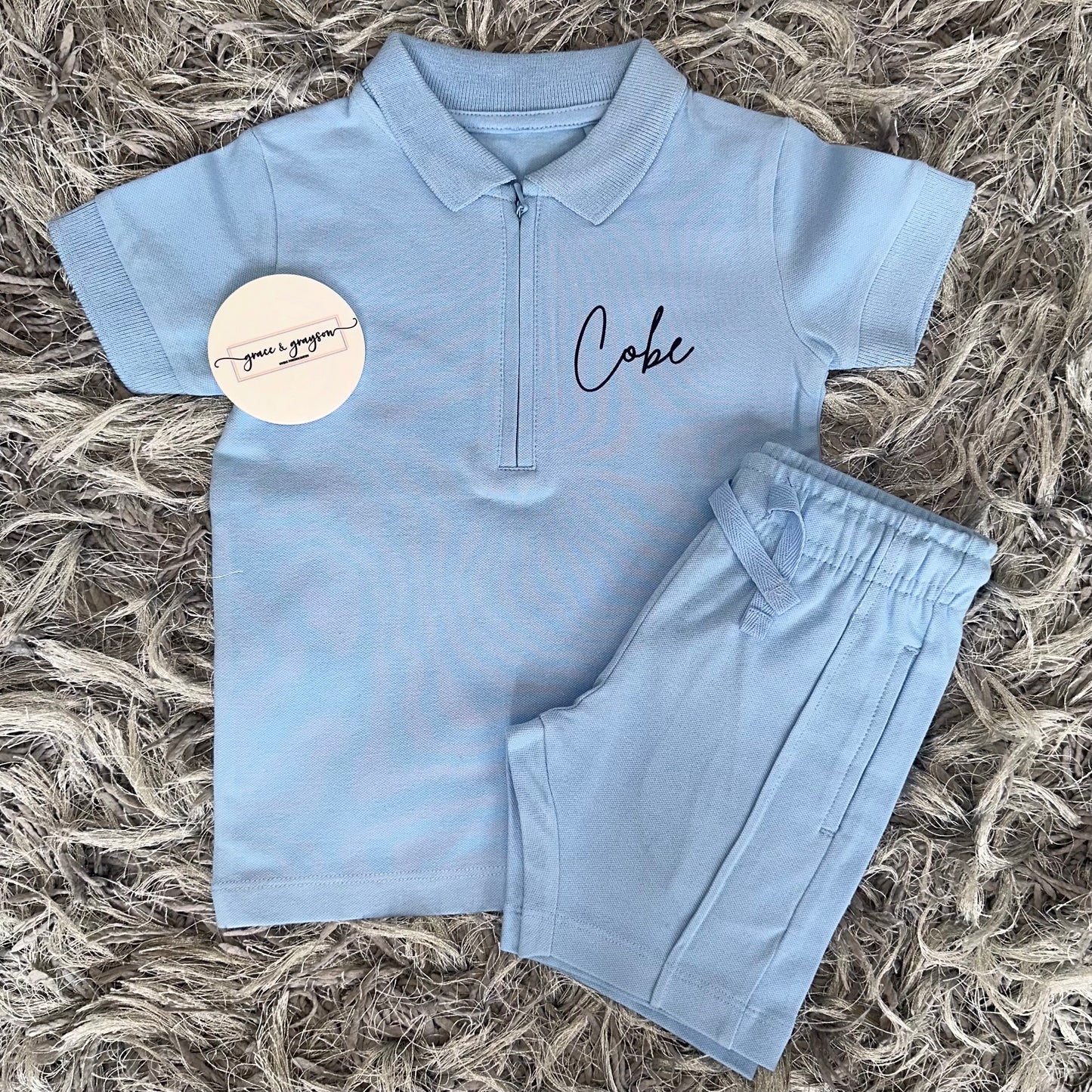 Baby Blue Zip Neck Polo Shirt & Short Set