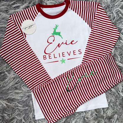 Personalised Believes Red Stripe Christmas Pyjamas