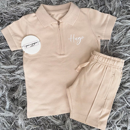 Nude Zip Neck Polo Shirt & Short Set