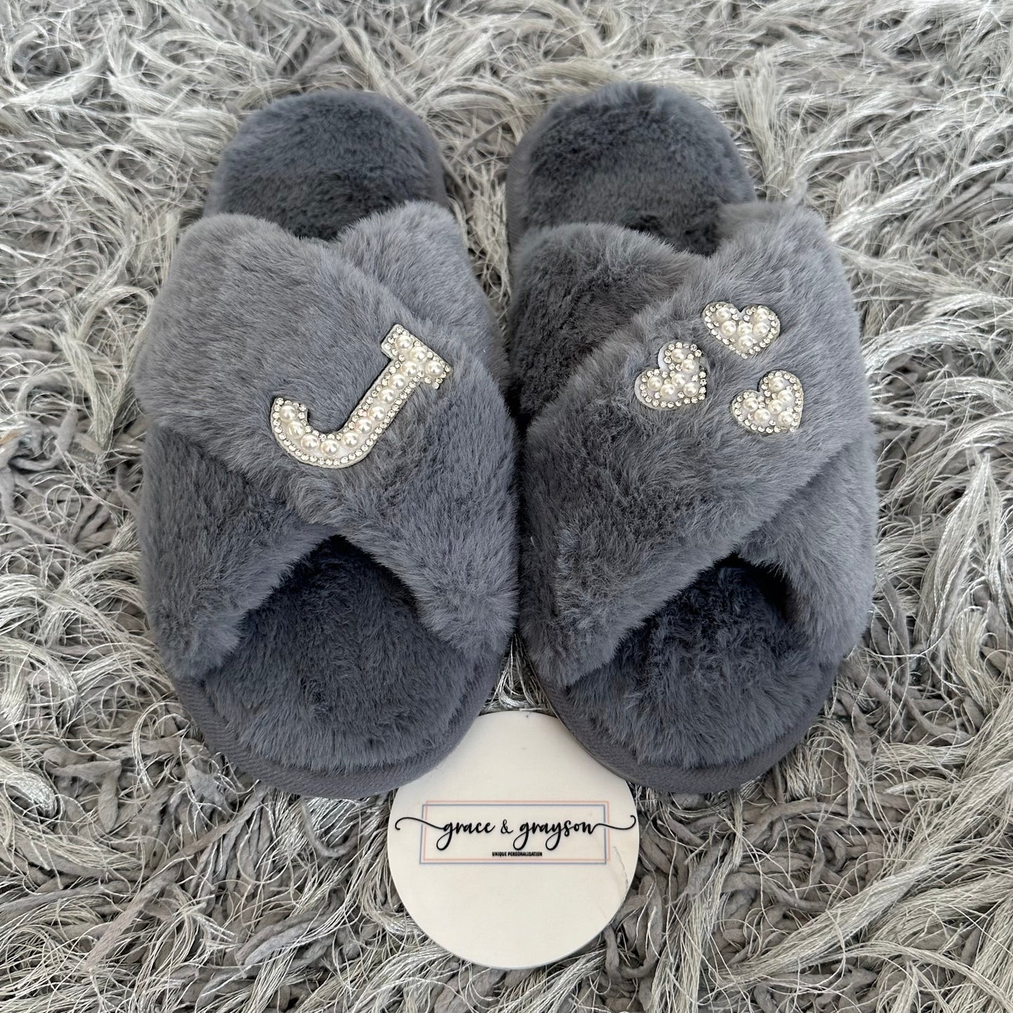 Personalised Pearl Initial & Heart Faux Fur Slippers