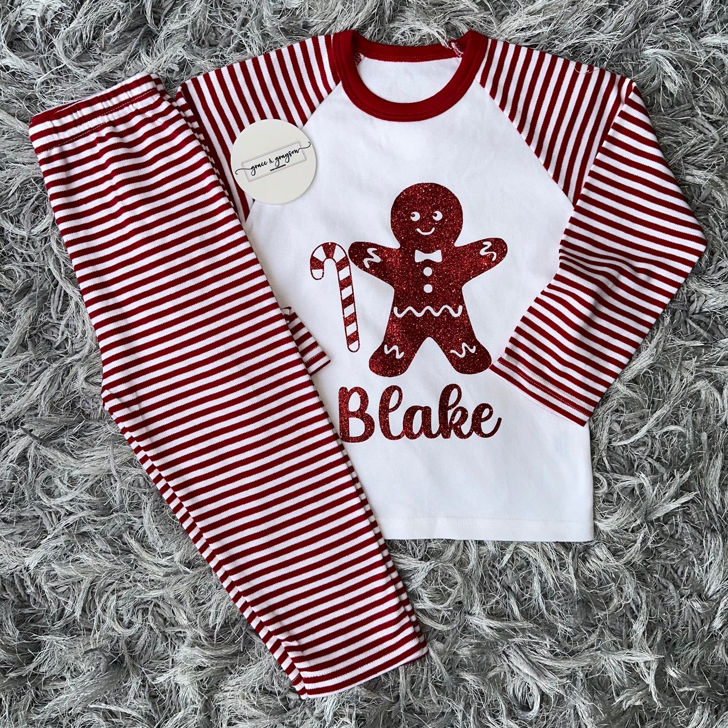 Personalised Candy Cane Gingerbread man Red Stripe Christmas Pyjamas