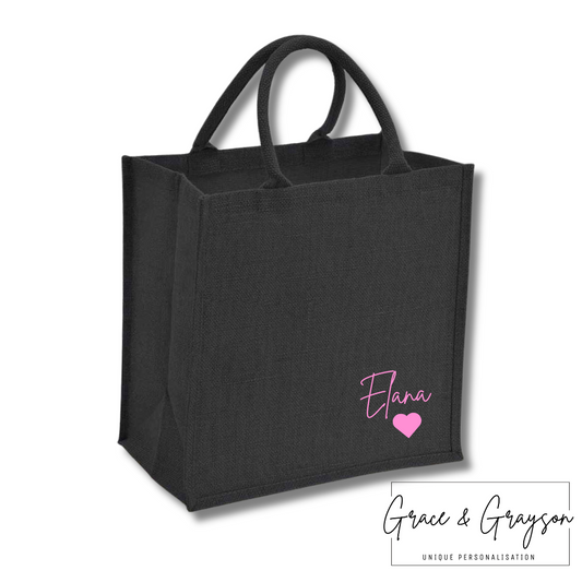 Personalised Black Signature Heart Jute Bag