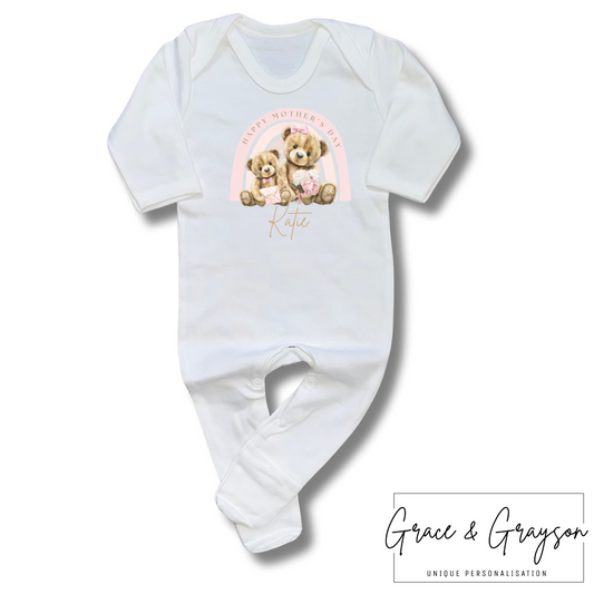 Personalised Pink Rainbow Bear Happy Mother’s Day Baby Grow