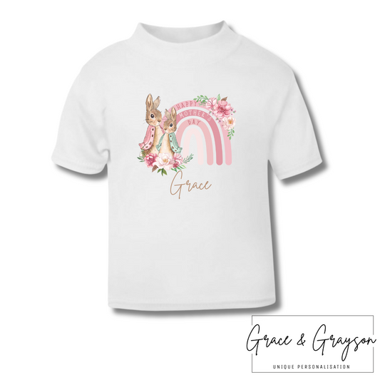 Personalised Pink Peter Rabbit Rainbow Happy Mother's Day T-Shirt