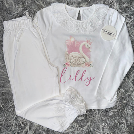 Personalised Princess Balloon Swan Broderie Frill Pyjamas