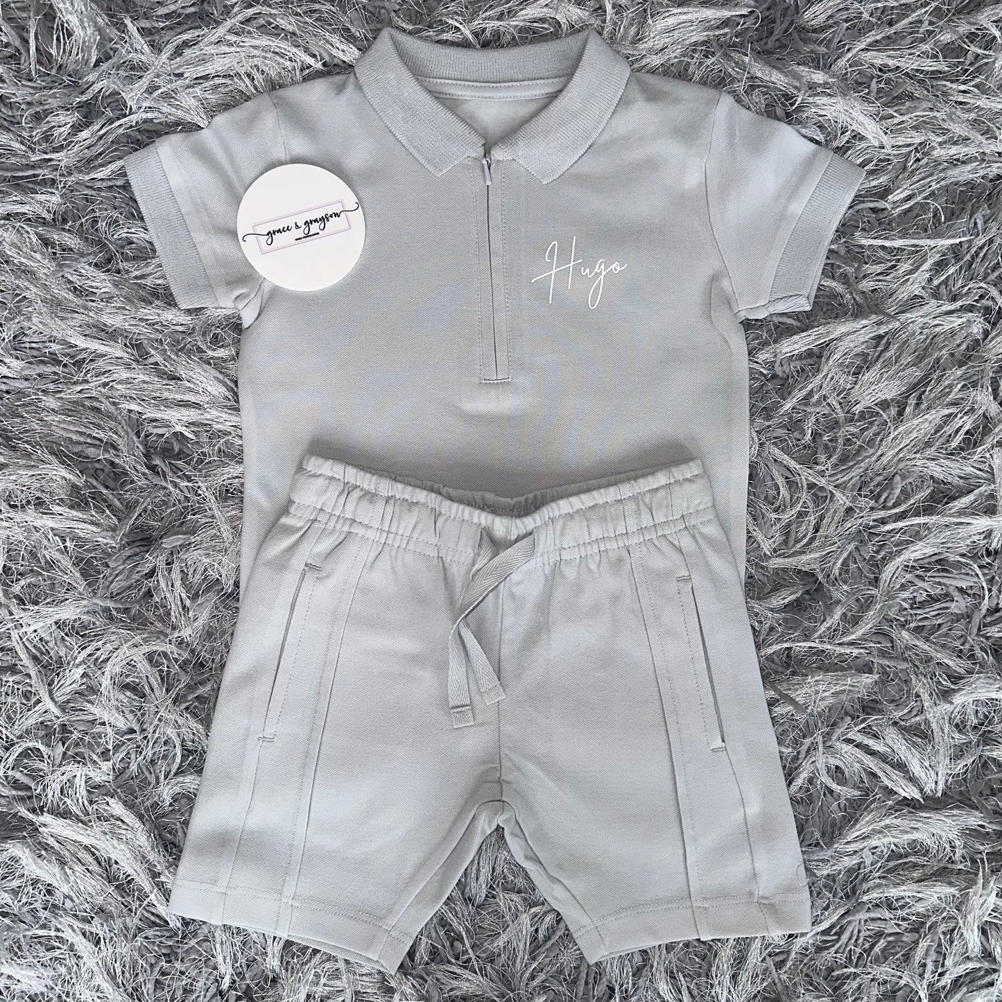 Pebble Grey Zip Neck Polo Shirt & Short Set