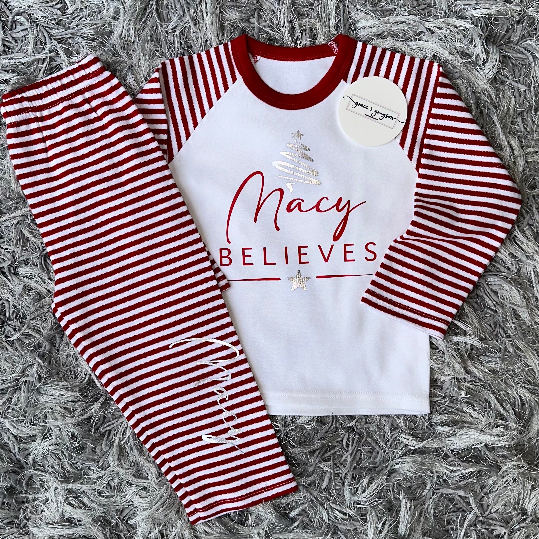 Personalised Believes Red Stripe Christmas Pyjamas