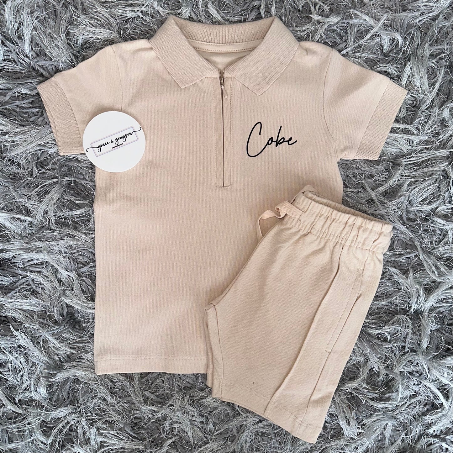 Nude Zip Neck Polo Shirt & Short Set