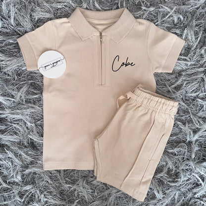 Nude Zip Neck Polo Shirt & Short Set