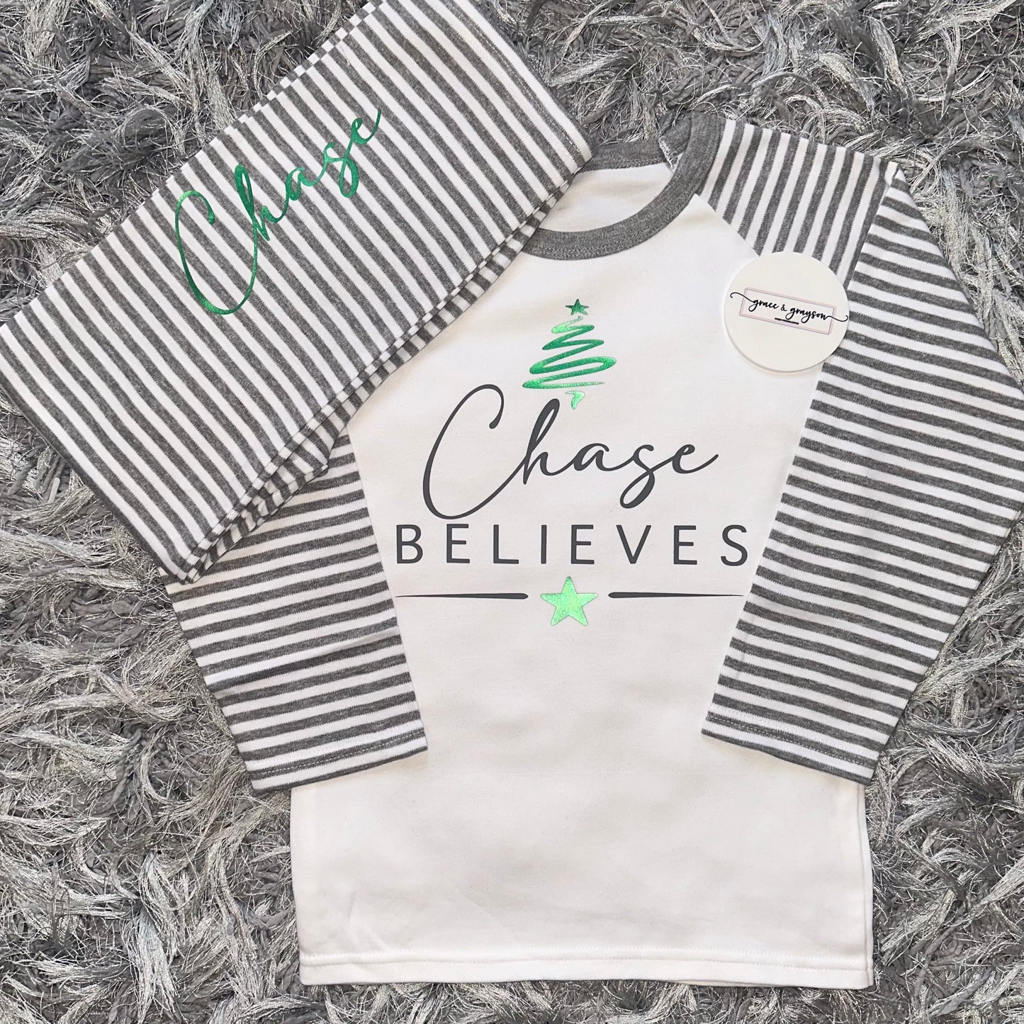 Personalised Believes Grey Stripe Christmas Pyjamas