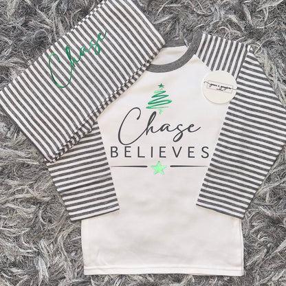 Personalised Believes Grey Stripe Christmas Pyjamas