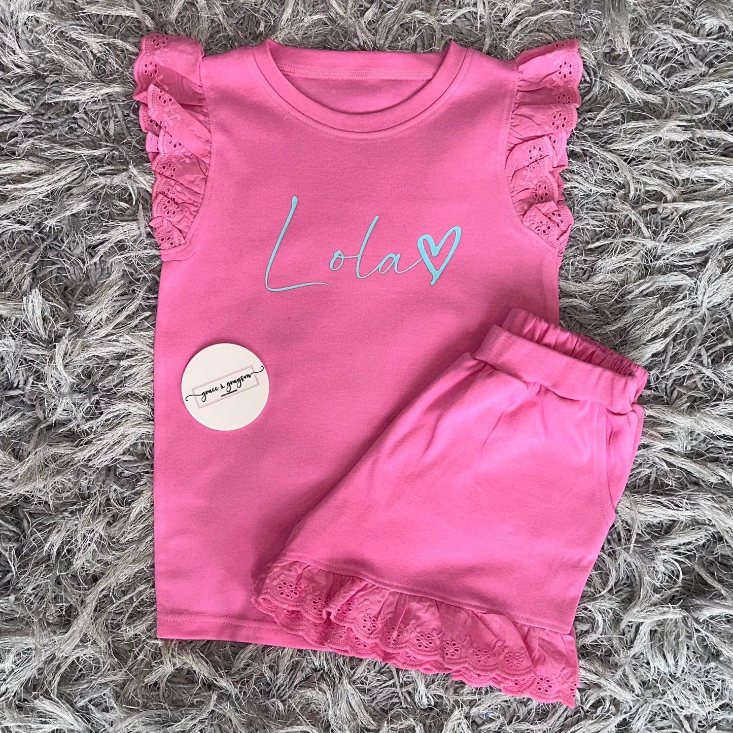 Personalised Heart Broderie Frill Shorts & T-Shirt Set