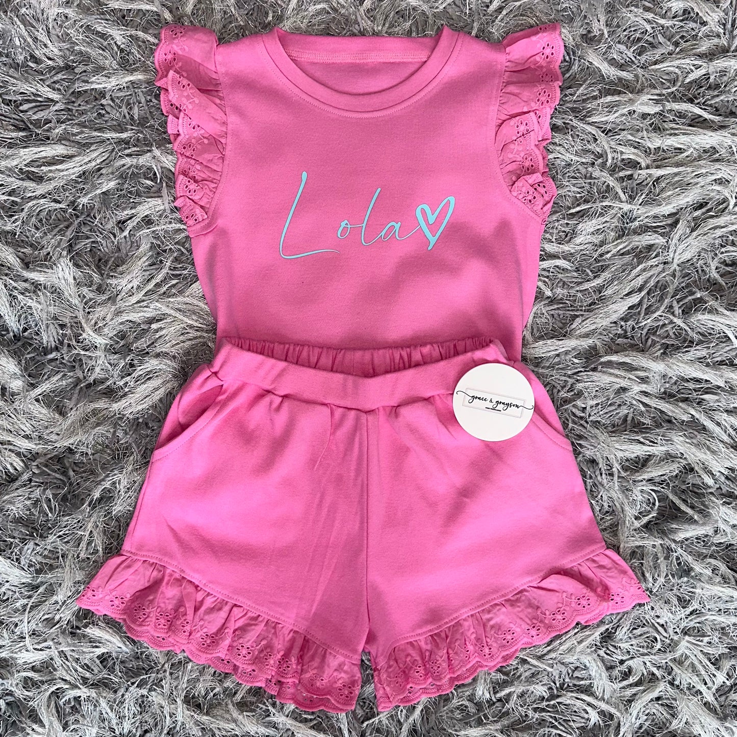Personalised Heart Broderie Frill Shorts & T-Shirt Set