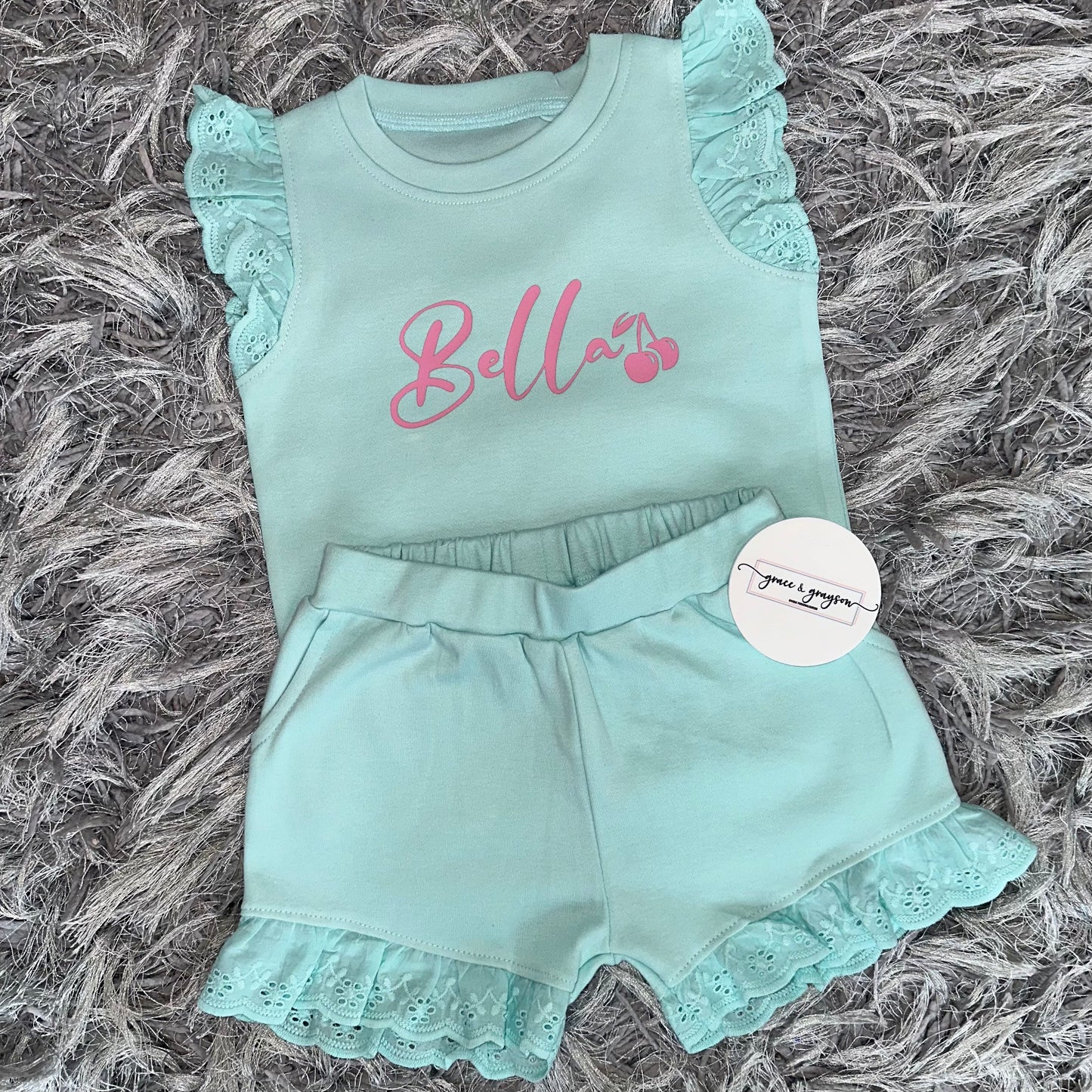 Personalised Cherry Broderie Frill Shorts & T-Shirt Set
