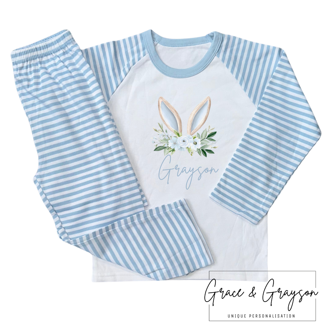 Personalised Blue Floral Easter Bunny Ear Pyjamas