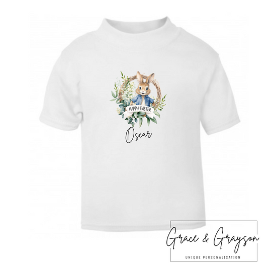 Personalised Blue Rabbit Happy Easter T-shirt