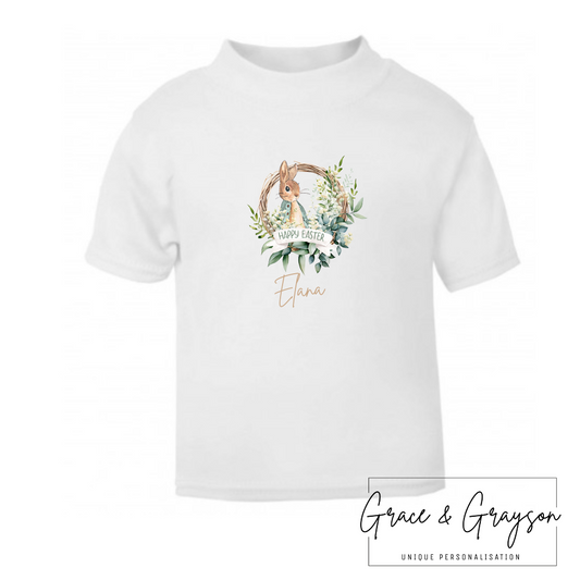 Personalised Sage Green Rabbit Happy Easter T-shirt