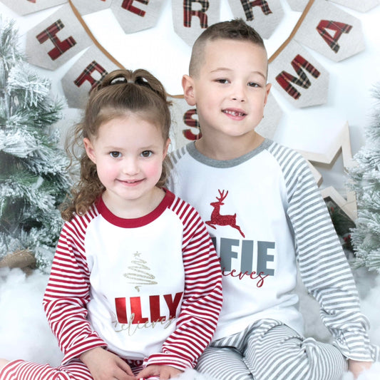 Personalised Bold Name Believes Grey Stripe Christmas Pyjamas