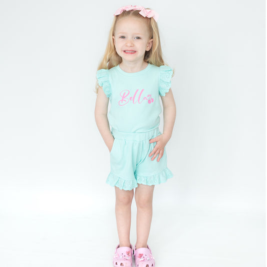 Personalised Cherry Broderie Frill Shorts & T-Shirt Set