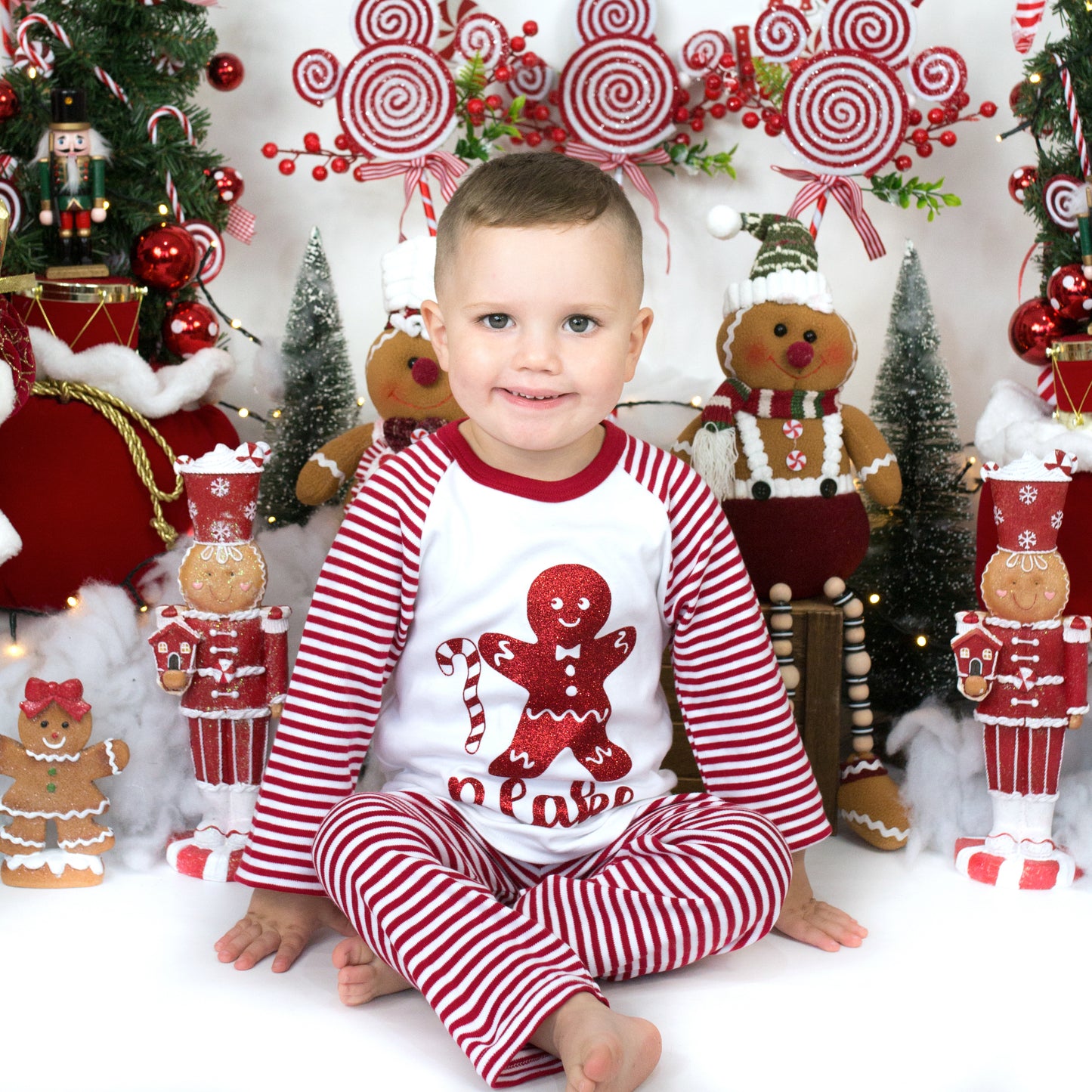 Personalised Candy Cane Gingerbread man Red Stripe Christmas Pyjamas