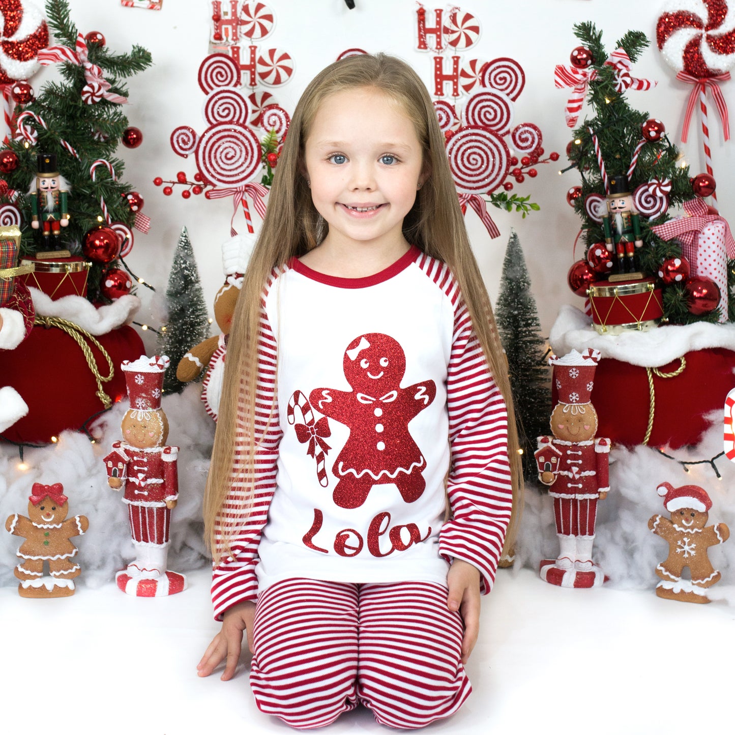 Personalised Candy Cane Gingerbread man Red Stripe Christmas Pyjamas