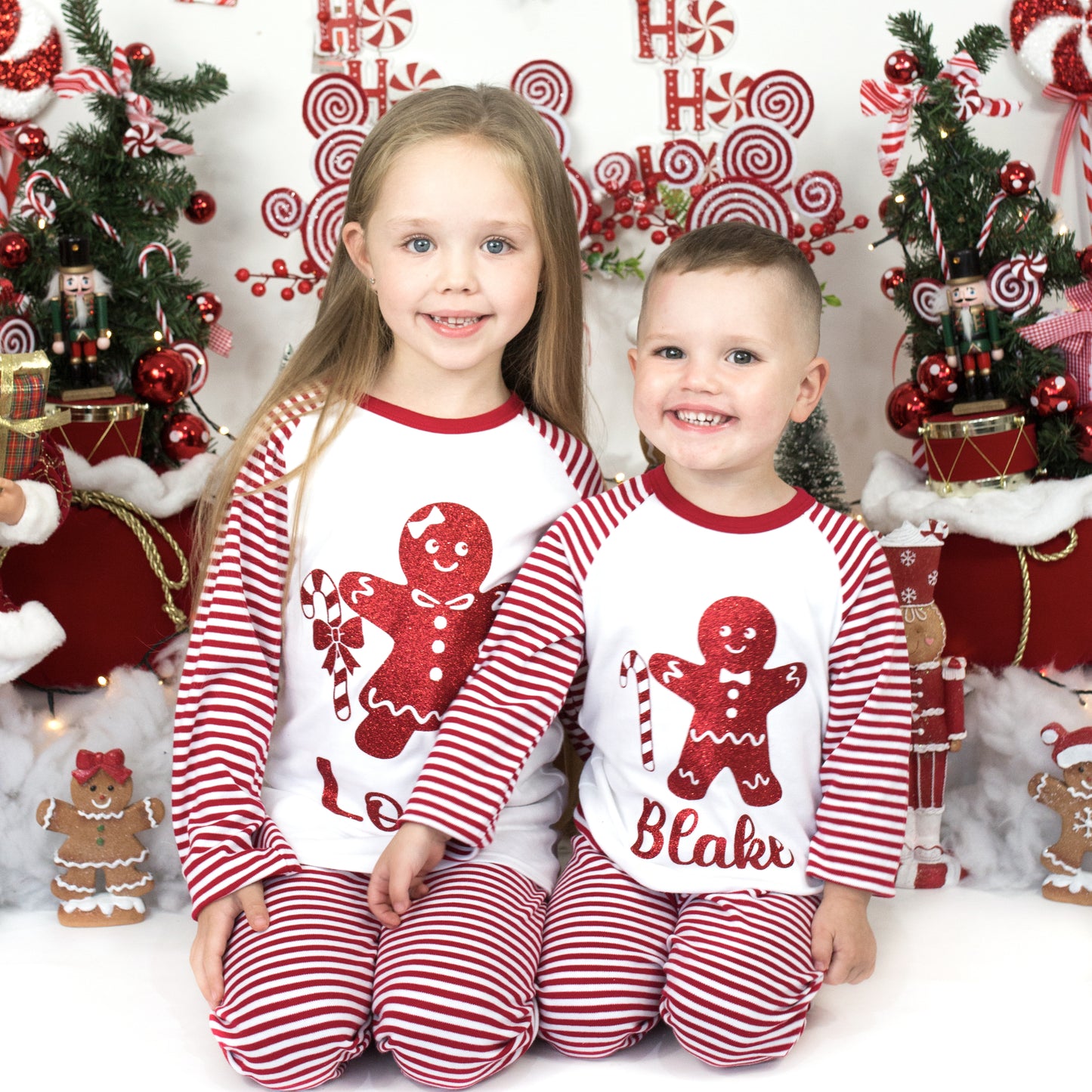 Personalised Candy Cane Gingerbread man Red Stripe Christmas Pyjamas