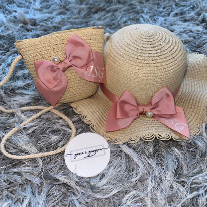 Pearl Bow Straw Hat & Bag Set